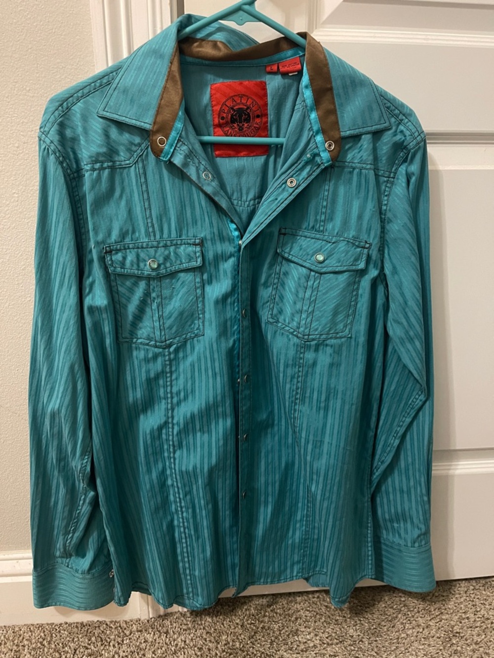Teal Button-Up Shirt with Brown Collar